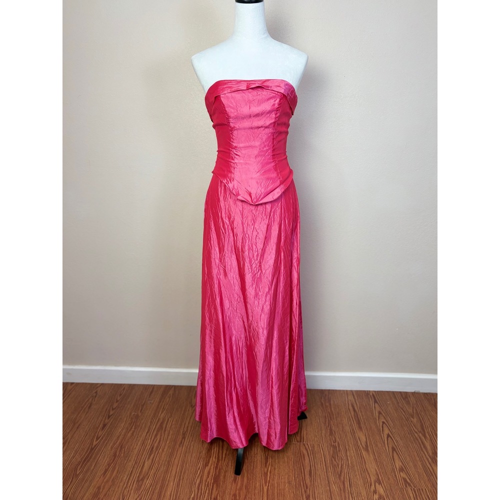 Y2K Vintage Bright Pink Taffeta Strapless Maxi Dress Size 6 Barbie Formal Party